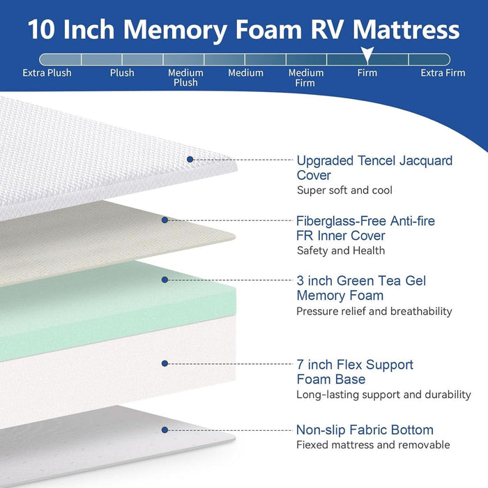 Short Queen 10 Inch RV Mattress with Tencel Cover, Premier Cooling Green Tea/Gel Memory Foam Mattresses for Camper/Truck/Trailer, Firm-Mattress Support for Back Pain, Certipur-Us, 75'' X 60''