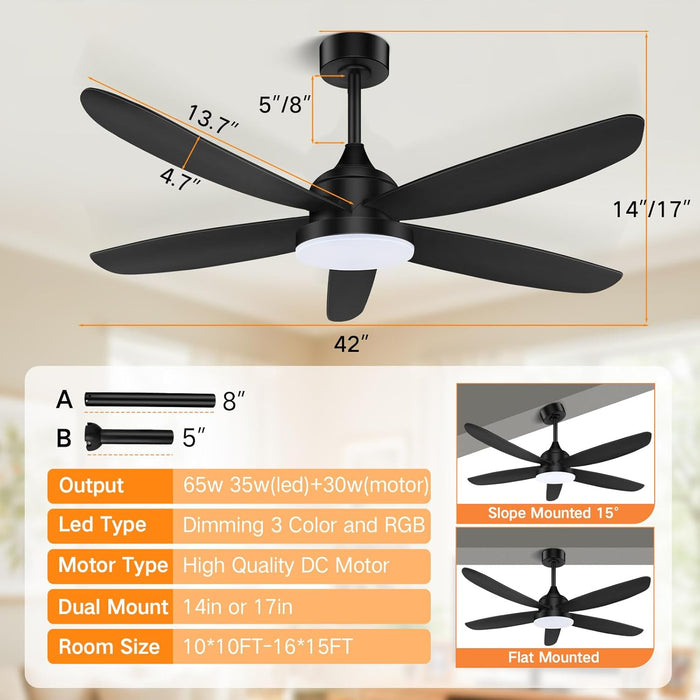 Ceiling Fan with Light, Remote & APP Control, 42" Black RGB Ceiling Fans with 6 Reversible Speeds, 3000-6500K Stepless Dimming, Modern Small Low Profile Ceiling Fan for Bedroom/Indoor/Outdoor