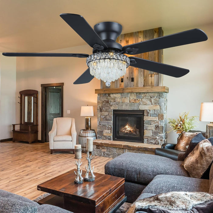 Crystal Ceiling Fan Fandelier with Lights-Ceiling Fans with Remote Control,Modern Ceiling Fan with Noiseless DC Reversible Motor,Dining Room,Living Room(52" Black)