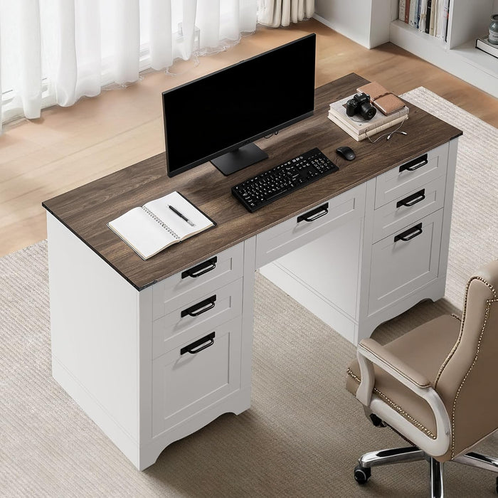 60" Executive Desk with Drawers, Farmhouse Home Office Desk with Charge Station, Keyboard Tray, File Storage Cabinet, 200 LBS Load Capacity Wood Table, Easy Assembly, for Work Study, Walnut