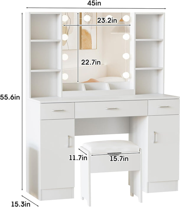 Vanity Desk with Lighted Mirror, Large Makeup Vanity Table Set with Storage Bench & Cabinets, 3 Brightness Mode, 45.2Inch (W), White