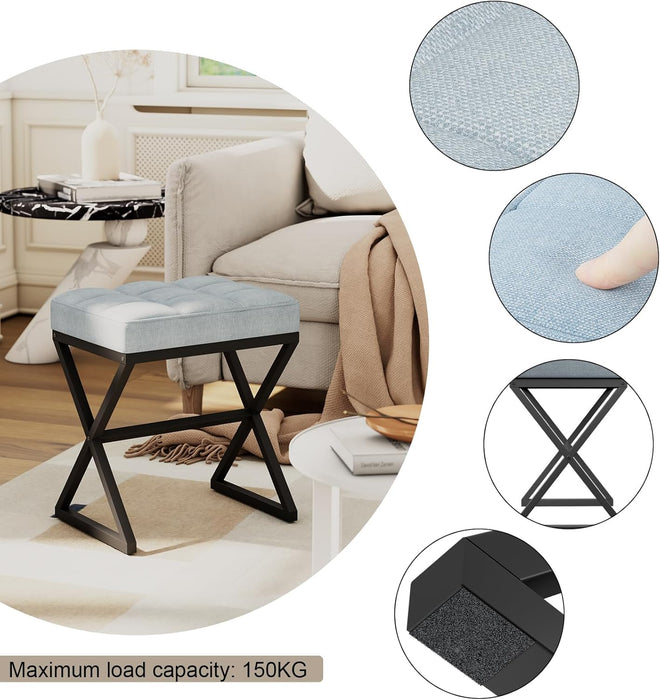 Vanity Stool, Linen Footrest Stool, Ottoman Bench with X-Shaped Metal Legs, Makeup Dressing Stool for Vanity, Living Room, Bedroom, Entryway, Hallways 15.74"D×11.81"W×18.11"H Blue Gray UHBD033L