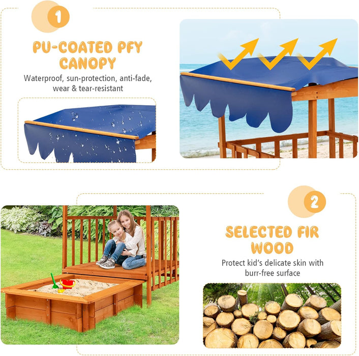 3 in 1 Kids Sandbox with Playhouse and Canopy, Wooden Cedar Bottomless Sand Pit for Backyard W/Wheels, Guardrails & Cover, Portable Sand Boxes for Kids Outdoor with Lid