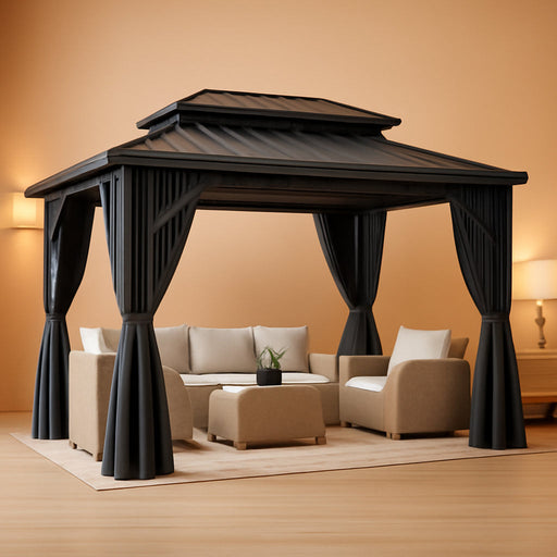 18X12Ft Aluminum Gazebo Hardtop Double Roof Canopy Outdoor Gazebo Galvanized Roof with Netting and Curtain Garden Tent for Patio, Backyard and Deck