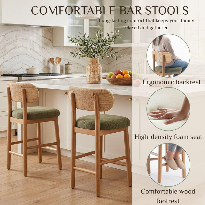 Counter Height Bar Stools Set of 2, Modern Upholstered round Counter Stools with Natural Woven Rope Back and Solid Wood Legs, Boho Barstools for Kitchen Island/Home Bar/Oatmeal - Green Chenille