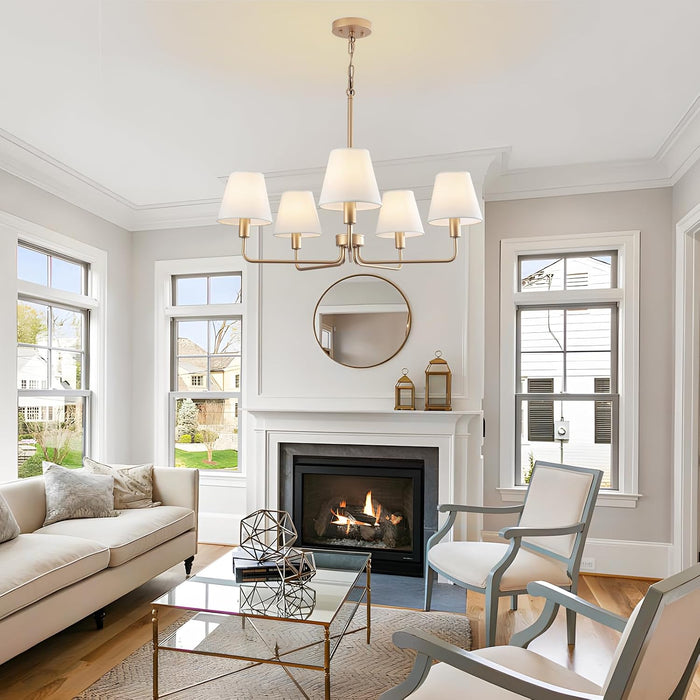 5-Light Brass Gold Dining Room Light Fixture with White Fabric Shade, 29.52In Farmhouse Chandelier Modern Antique Linear Pendant Island Light Fixture for Bedroom Foyer Cottage Kitchen over Table