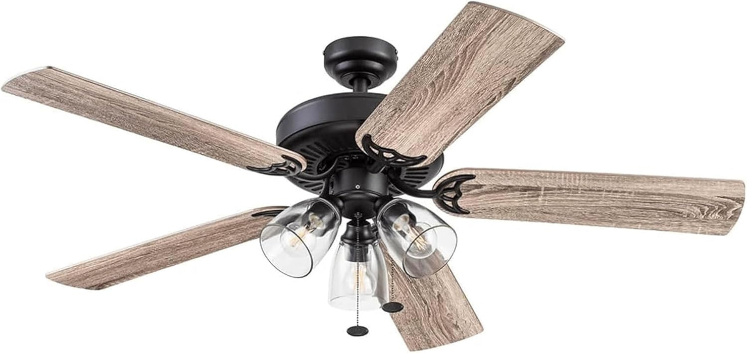 Saybrook 52 Inch Farmhouse LED Indoor Ceiling Fan with Light, Pull Chain Control, 5 Dual Finish Blades, Reversible Motor, Bronze