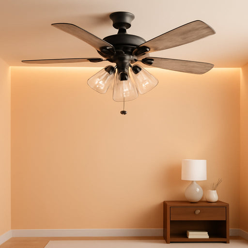 Saybrook 52 Inch Farmhouse LED Indoor Ceiling Fan with Light, Pull Chain Control, 5 Dual Finish Blades, Reversible Motor, Bronze