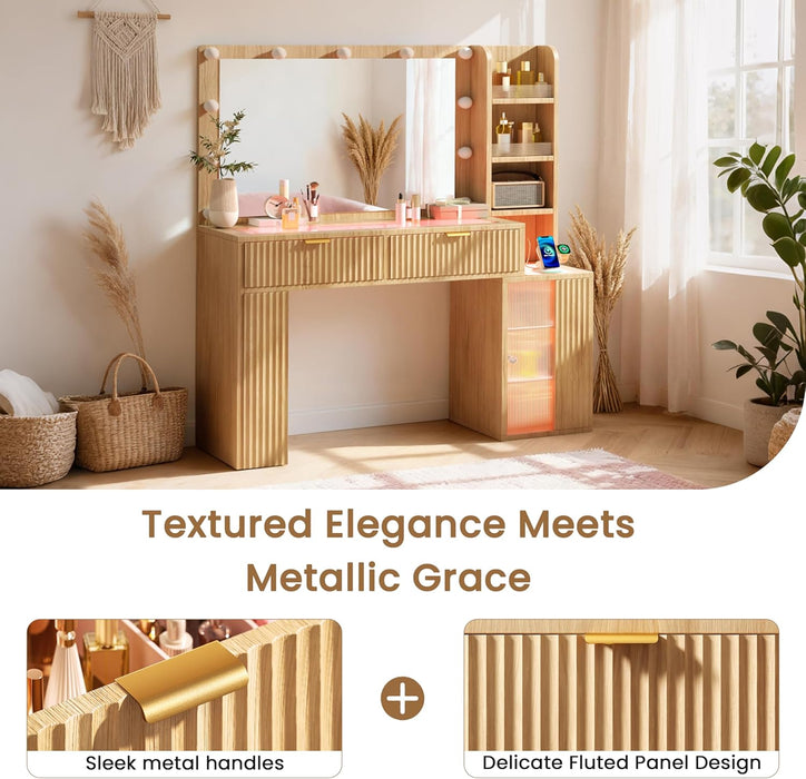 47'' Fluted Makeup Vanity Desk with Large 36" Mirror & Hollywood Bulbs, Smart RGB Lights, Glass Top Vanity with 5 Shelves, 2 RGB Drawers, Acrylic Cabinets, Wood Vanity with Charging Station,Oak