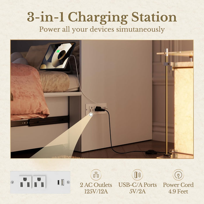 White Queen Murphy Bed Featuring Integrated Charging