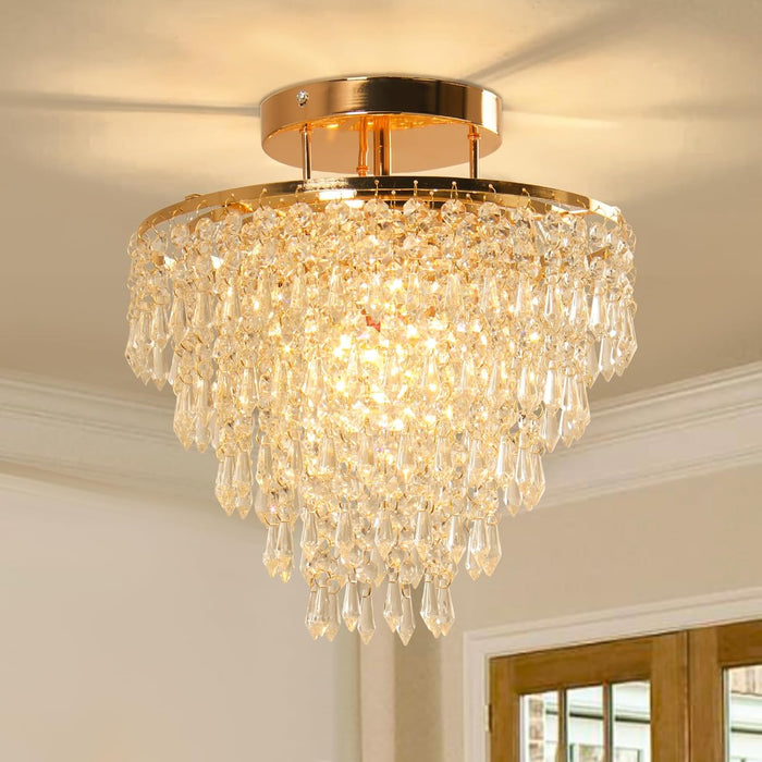11.8" Crystal Chandelier Gold Crystal Flush Mount Ceiling Light 5 Tiers Raindrops Crystal Pendant Lighting Fixture for Bedroom Hallway Living Room E26 Base