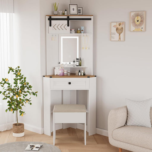 Modern Corner Vanity Desk White Dimmable Illumination