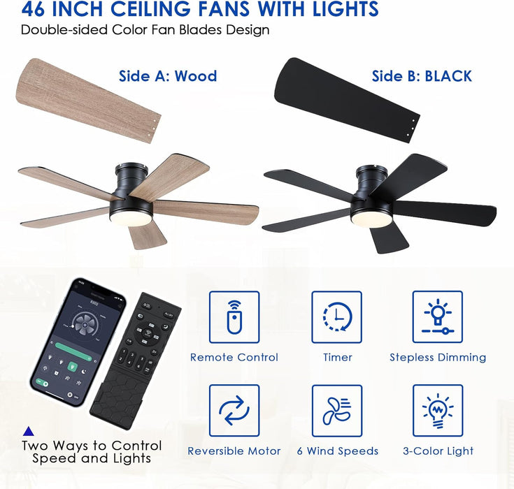 Low Profile Ceiling Fan with Light and Remote Control,46" Modern Flush Mount Black Ceiling Fan, 5 Dual-Sided Blades, Energy Efficient DC Motor, Reversible for Bedroom, Living Room, Indoor/Outdoor Use