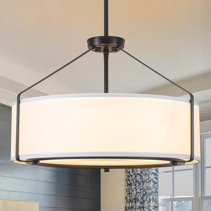 20Inches Drum Chandeliers, 5-Light Modern Farmhouse Pendant Light Fixture with White Linen Fabric Shade, Black round Adjustable Hanging Lights for Dining Room Bedroom Kitchen Foyer Entryway