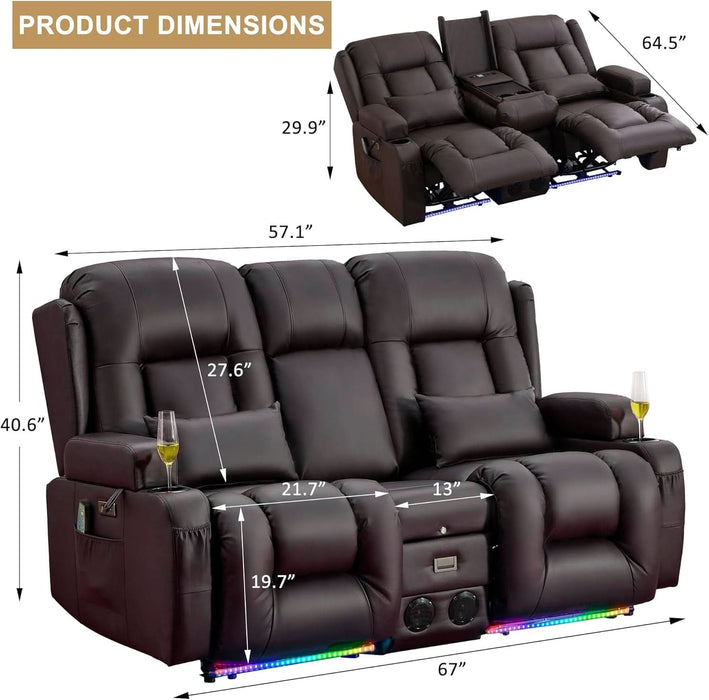Loveseat Recliner Sofa with Massage and Heat, Power Reclining Loveseat Sofa RV Couch with Console, Home Theater Seating with LED Lights, Bluetooth Speaker, USB, Outlets, Faux Leather, Dark Brown