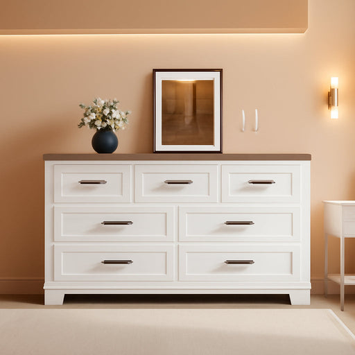Modern FarmhouseStyle Seven Drawer Dresser White Brown