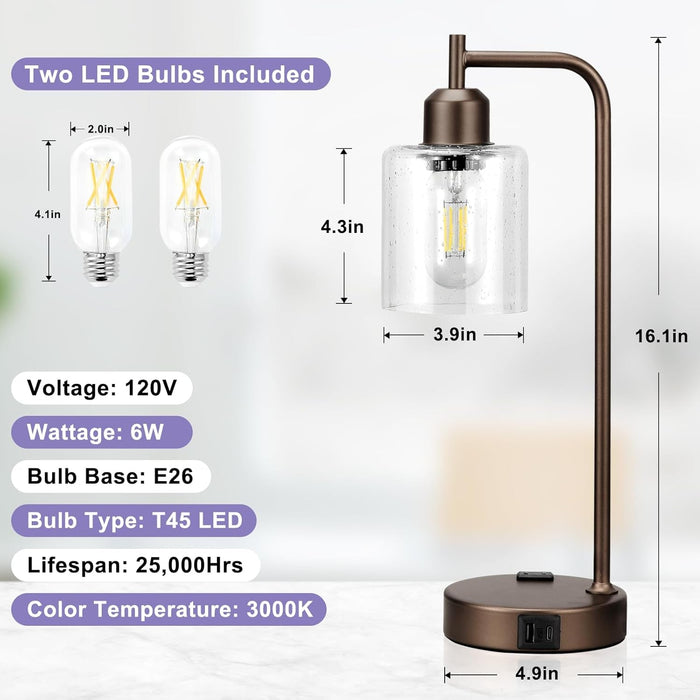 Industrial Touch Table Lamps for Bedrooms Set of 2 - 3-Way Dimmable Lamps with USB C+A Ports and Outlet, Brown Bedside Lamps with Seeded Clear Glass Shade for Living Room, Desk Lamps for Home Office