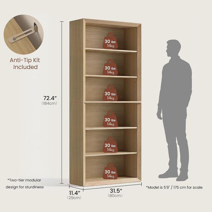 72" Tall Bookcase, 6-Tier Open Bookshelf with Adjustable Shelves, Wooden Floor Standing Display Storage Shelves for Living Room, Home Office, Study Room, Natural Wood