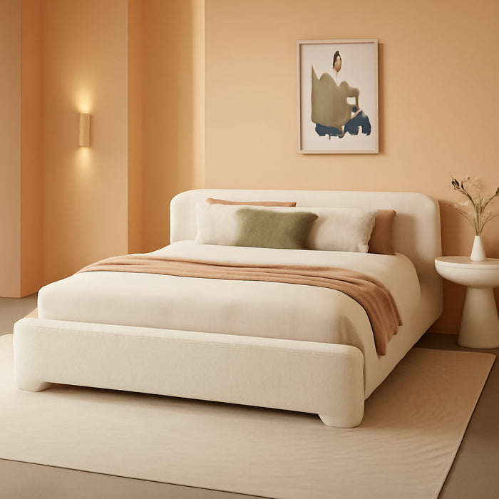 King Size Thick Bouce Fabric Upholstered Platform Bed with Curved Shaped Headboard, Wood Bed Frame for Kids Teens Adults, White