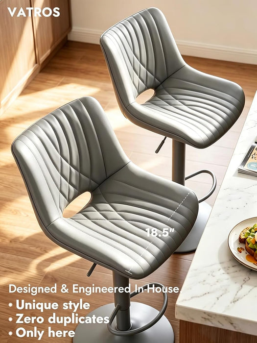 Swivel Bar Stools Set of 2, Height Adjustable Counter Height Bar Stools with Open Back and Footrest, Premium Faux PU Leather, Modern Upholstered Bar Chairs for Kitchen Island/Bar/Counter, Gray