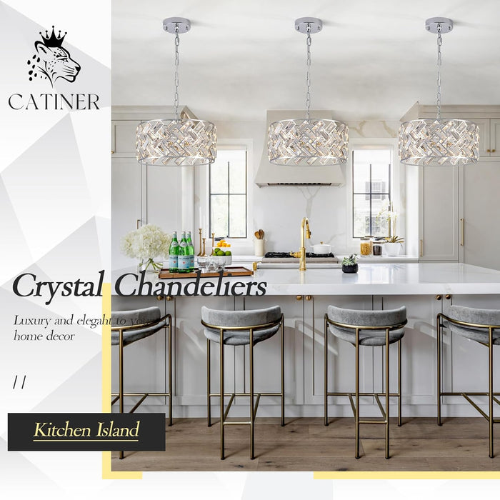 Chrome Crystal Chandeliers, 4-Light Modern Semi Flush Mount Ceiling Light, D12'' Small round Crystal Hanging Pendant Light Fixtures for Dining Room Kitchen Island Entryway Hallway