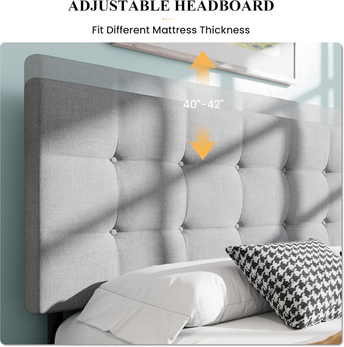 Upholstered Full Size Platform Bed Frame with 4 Storage Drawers, Adjustable Headboard with Square Stitched Button Tufted Design, Wooden Slat Support, No Box Spring Needed, Light Grey