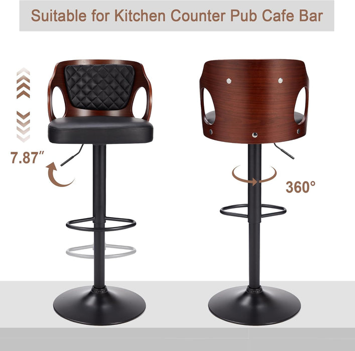 Barstools Set of 2,Counter Height Stools with Bentwood Back&Arm, Swivel Barstools,Pu Leather Kitchen Island Stools, Adjustable Height Bar Chairs for Club Pub Dining Room,Black