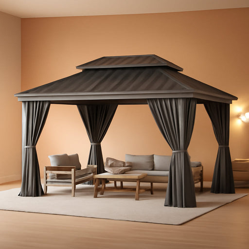 10' X 14' Permanent Hardtop Gazebo with Galvanized Steel Double Roof and Aluminum Frames Outdoor Large Pavilion Gazebo for Patio Deck Garden, Nettings and Curtains Included, Gray