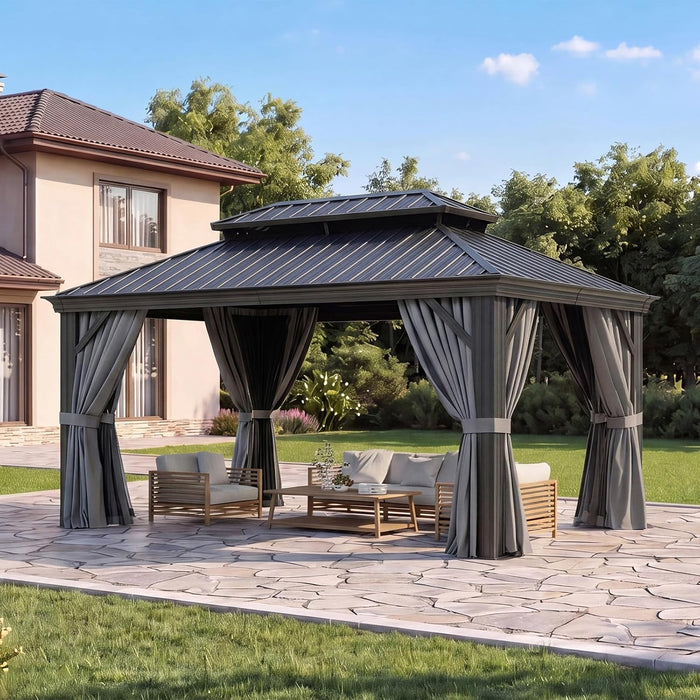 10' X 14' Permanent Hardtop Gazebo with Galvanized Steel Double Roof and Aluminum Frames Outdoor Large Pavilion Gazebo for Patio Deck Garden, Nettings and Curtains Included, Gray