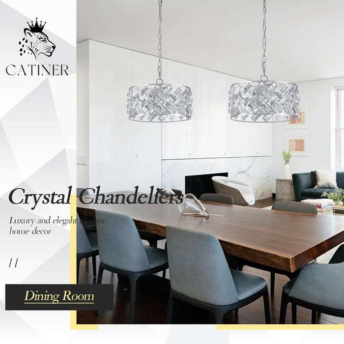 Chrome Crystal Chandeliers, 4-Light Modern Semi Flush Mount Ceiling Light, D12'' Small round Crystal Hanging Pendant Light Fixtures for Dining Room Kitchen Island Entryway Hallway