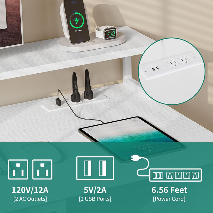 Computer Desk with Drawers, 47.2" Office Desk with Power Outlets & LED Light, Home Office Desk with Storage Shelves, White