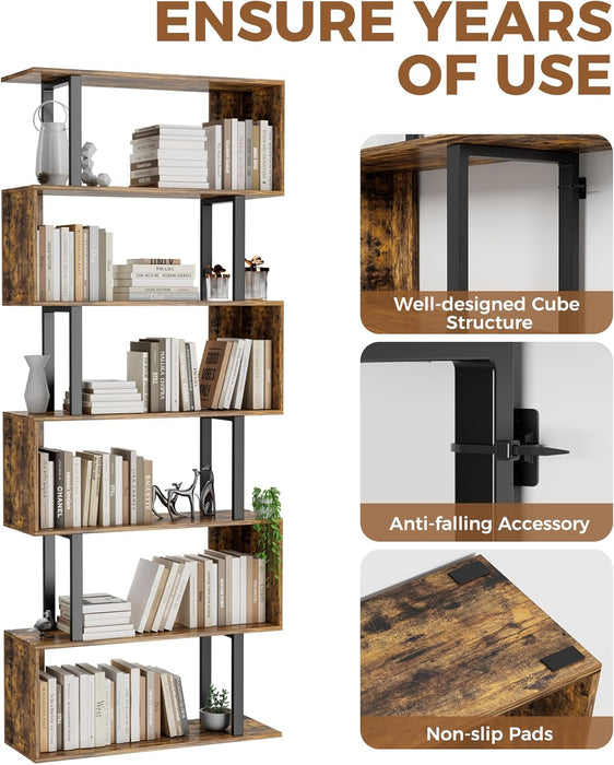 6 Tier Geometric Bookcase,S Shaped Bookshelf, Wood Decorative Storage Shelving, Modern Freestanding Display Shelves, Tall Book Shelf Unit for Living Room Bedroom, Rustic Brown