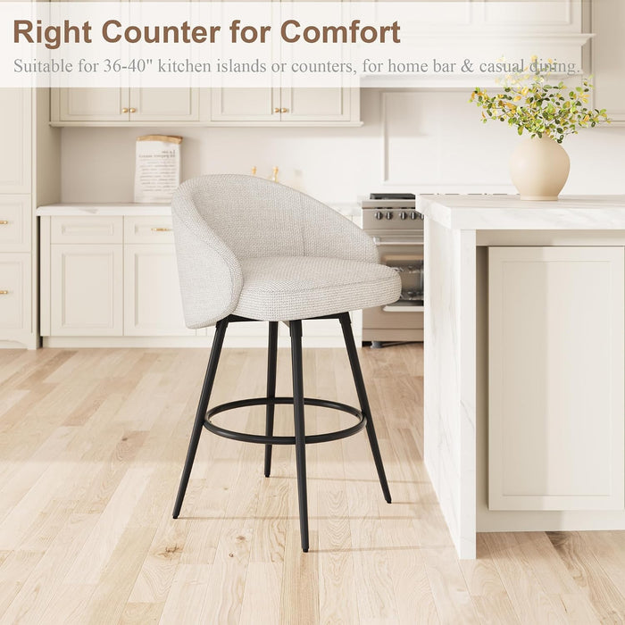 25.4″ 360° Swivel Bar Stools Set of 2 for Kitchen Island,Beige Linen | Upholstered Counter Height Barstools with Back, Modern Bar Chair with Sturdy Metal Frame and Footrest for Dining Room