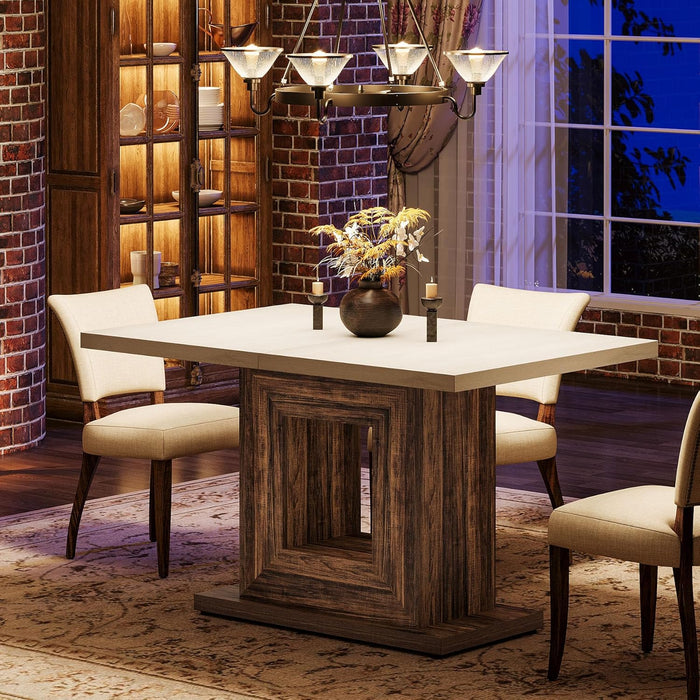 47-Inch Farmhouse Dining Table for 4, White Kitchen Dinner Table with Heavy Duty Pedestal, Rustic Wooden Eating Table for Home, Dining Room, Small Space, White & Brown