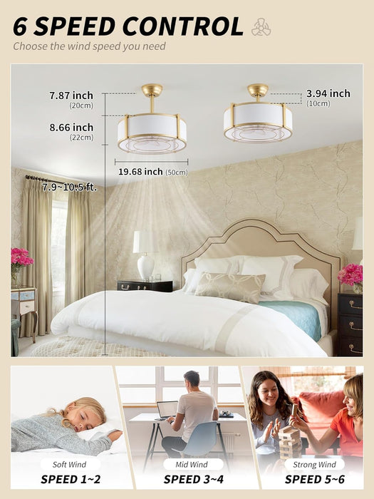 20" Caged Ceiling Fans with Lights, Gold Fandelier Ceiling Fan with Light, Boho Chandelier Fan Remote Control, 6 Speeds for Bedroom, Nursery, Living Room