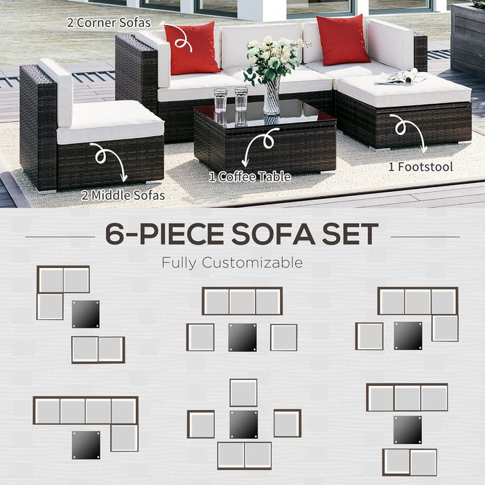 6 Piece Patio Furniture Set Outdoor Wicker Conversation Set All Weather PE Rattan Sectional Sofa Set with Ottoman, Cushions and Tempered Glass Table, Mixed Brown and Cream White