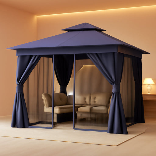 Patio Gazebo 10'X10', Outdoor Heavy Duty Party Tent Shelter with Double Roofs, Mosquito Nettings and Privacy Screens for Backyard, Garden, Lawn, Navy Blue