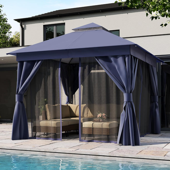 Patio Gazebo 10'X10', Outdoor Heavy Duty Party Tent Shelter with Double Roofs, Mosquito Nettings and Privacy Screens for Backyard, Garden, Lawn, Navy Blue