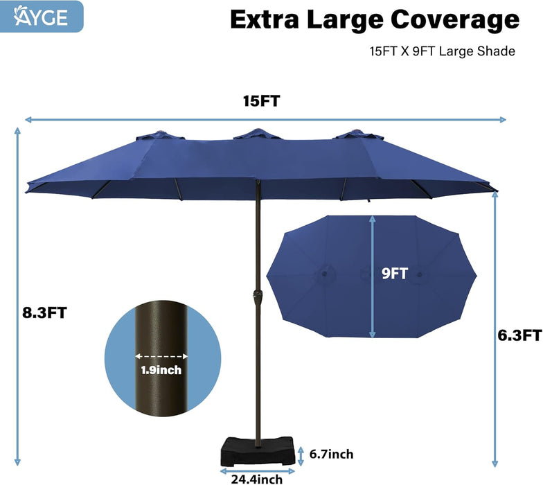15FT Patio Umbrella with Base,Large Outdoor Double-Sided Rectangle Umbrella with Crank Handle, Market Umbrella for Poolside Garden Deck Backyard Beach Pools,Navy