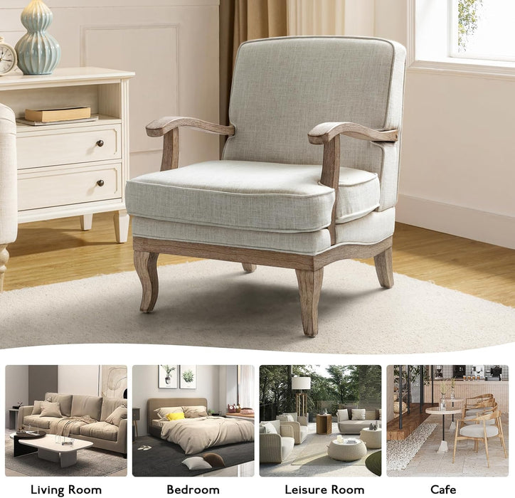 Ivory Upholstered Mid-Century Armchair With Wooden Legs