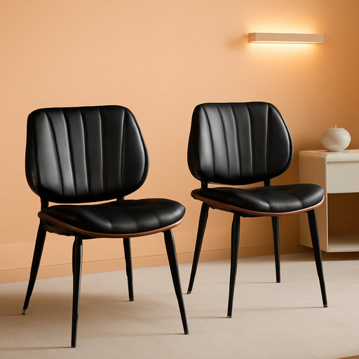 Dining Chairs Set of 2, Mid Century Modern Dining Room Chair, Upholstered Faux Leather Kitchen Chairs with Walnut Bentwood Back and Metal Legs for Kitchen Dining Room Living Room, Black
