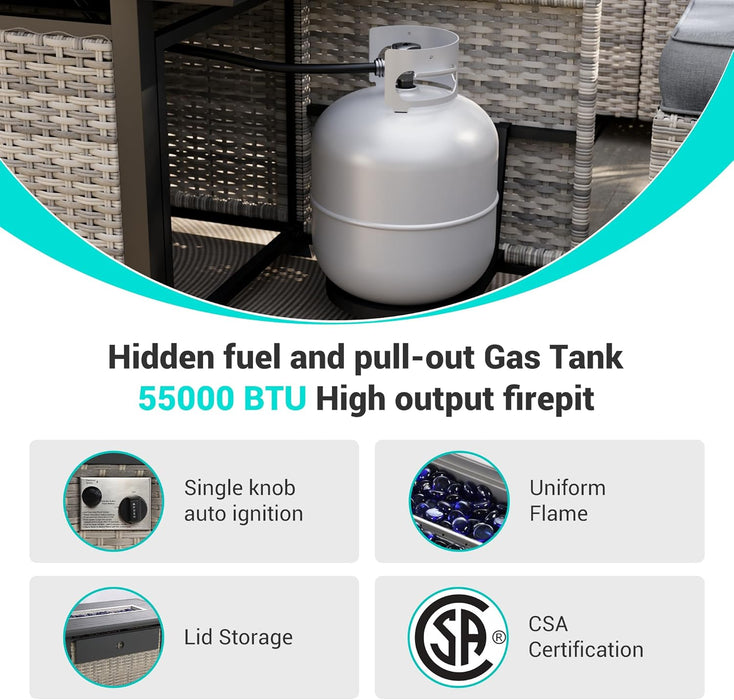 10-Piece Outdoor Patio Furniture Set with Rocking Swivel Chair, PE Wicker Rattan Sectional Sofa Patio Conversation Set with 55,000 BTU Fire Pit Table & Coffee Table, Grey