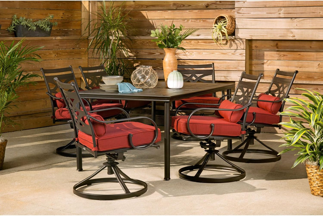 Montclair 7-Piece Outdoor Dining Set with 6 Swivel Rockers, Chili Red Cushions and Stamped Steel Rectangular Dining Table, Patio Dining Set for 6, Premium All-Weather Patio Furniture for Deck