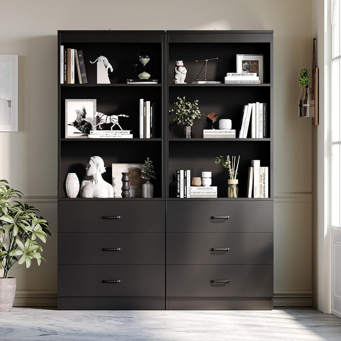 70" H Black Bookshelf with Drawers, Tall Bookcase with 3-Tier Open Shelves, Bookshelf and Bookcase with Storage Cabinet for Home Office,Living Room(Black,6-Tier)