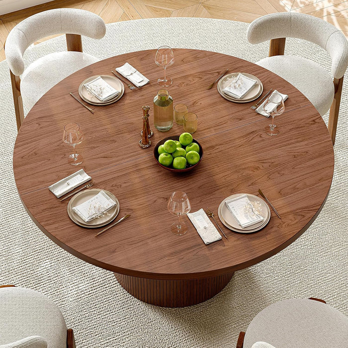 47 Inch round Dining Table for 4-6, Walnut | Circle Kitchen Table with Fluted Base, Modern Farmhouse Dinner Tables for Kitchen, Living Room