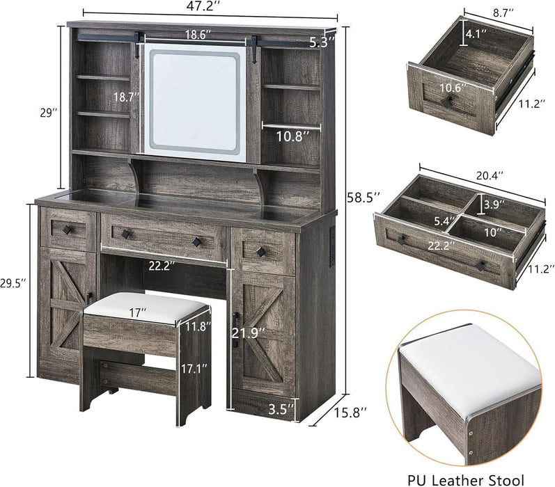 47.2" Farmhouse Vanity Desk with Mirror and Lights, Rustic Makeup Vanity Table with Charging Station, Vanity Set with Stool & Storage, LED Sliding Mirror & Glass Top, Dark Oak Finish