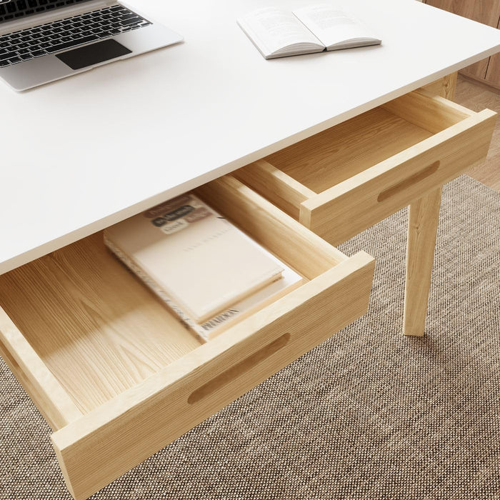 47 Inch Compact Computer Gaming Desk, White Study Work Office Desk with 2 Storage Drawers, Rectangular Study Reading Table, Simple Computer Writing Table for Home Office, Living Room