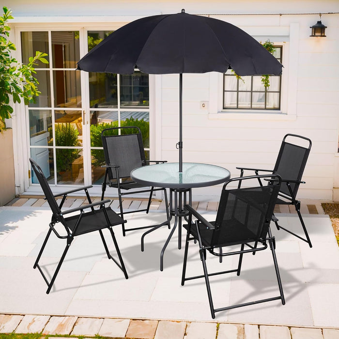 6 Piece Patio Dining Set with Umbrella, Outdoor Furniture Set with 4 Folding Chairs and Tempered Glass Top Dining Table Fot Lawn Backyard Garden Porch Black