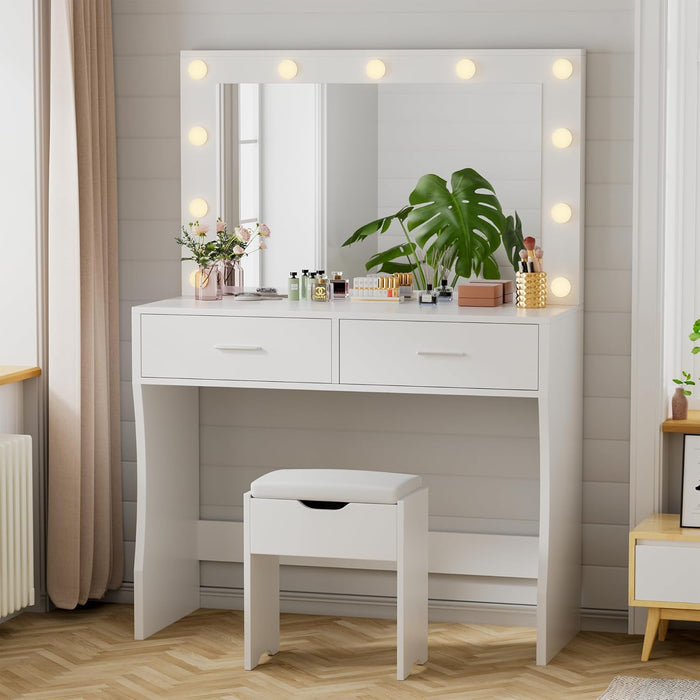 Makeup Vanity Desk with Large Lighted Mirror，35.4 Inch Makeup Vanity Table with 2 Drawers，Soft-Padded Storage Stool，3 Lighting Modes Available, Suitable for Bedrooms（White）