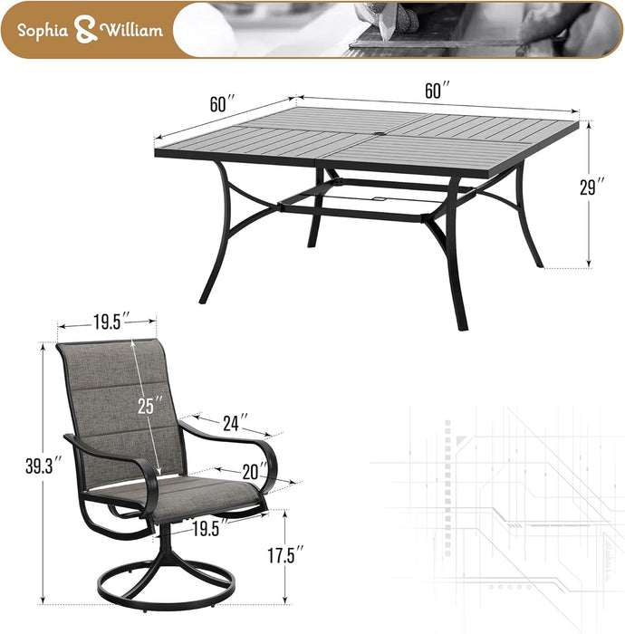 Patio Furniture Set Large Square Dining Table for 8 with Swivel Chairs Padded Textilene 9 Pieces Outdoor & Lawn Garden All Weather, Grayish Brown-Padded Textilene, 60''